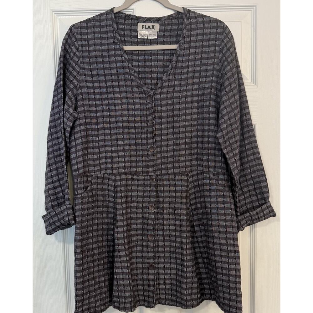Flax Gray Checked Button-Front Peplum Blouse